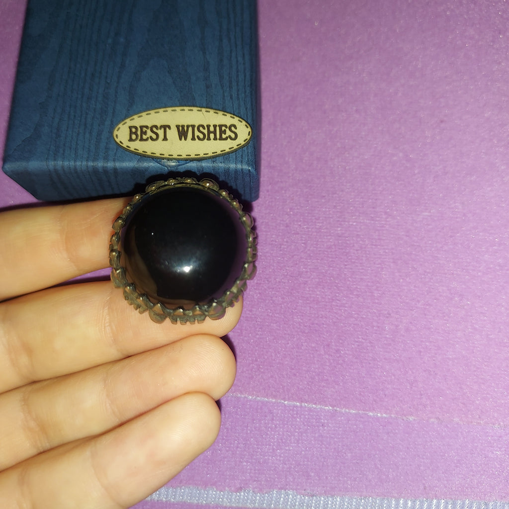 Bold Black Gemstone Silver Ring | Statement Costume Jewelry | Dark Elegance