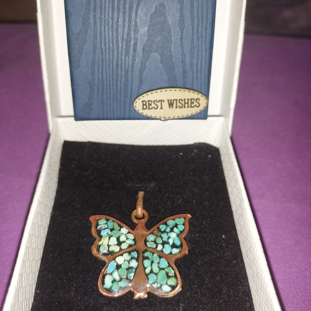 Turquoise Inlay Copper Butterfly Pendant | Handmade Persian Art Jewelry | Boho Statement Piece