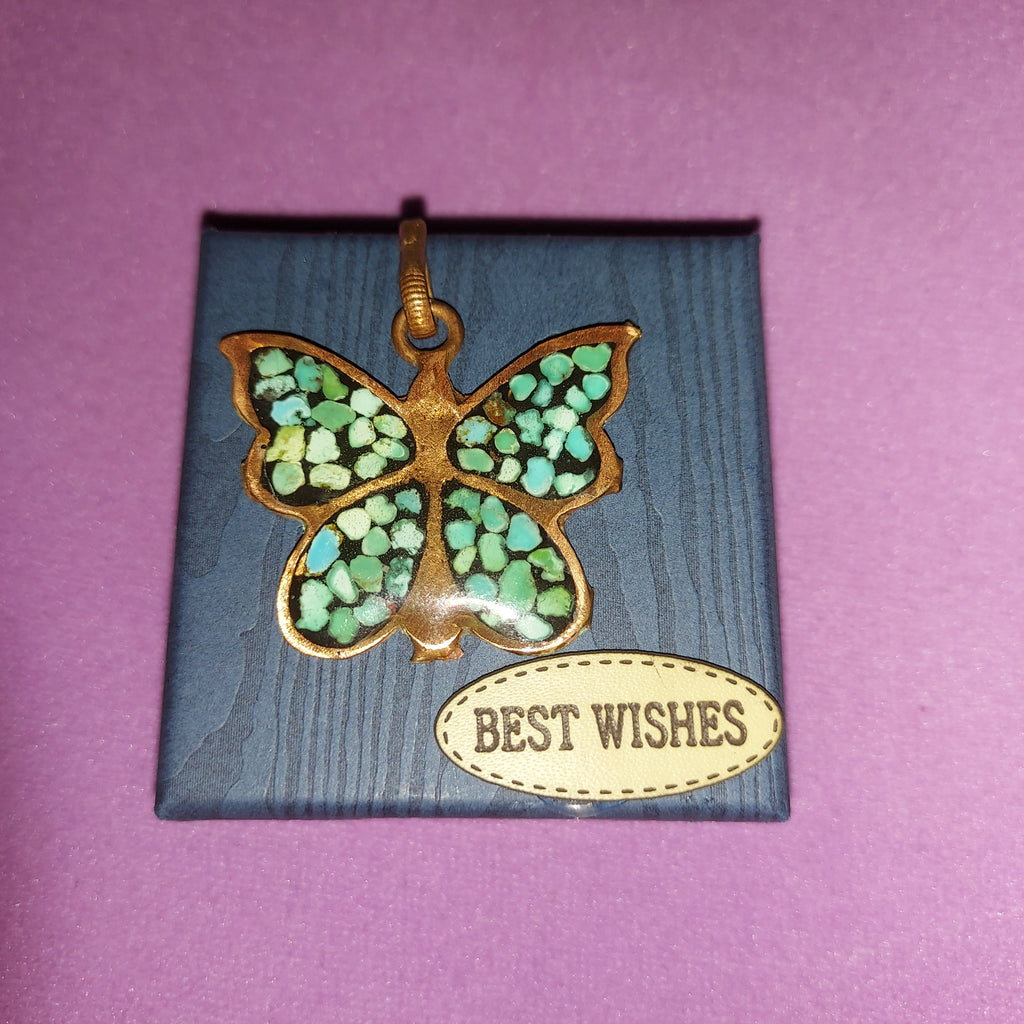 Turquoise Inlay Copper Butterfly Pendant | Handmade Persian Art Jewelry | Boho Statement Piece