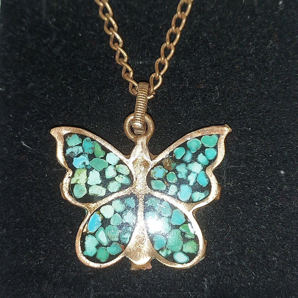 Turquoise Inlay Copper Butterfly Pendant | Handmade Persian Art Jewelry | Boho Statement Piece