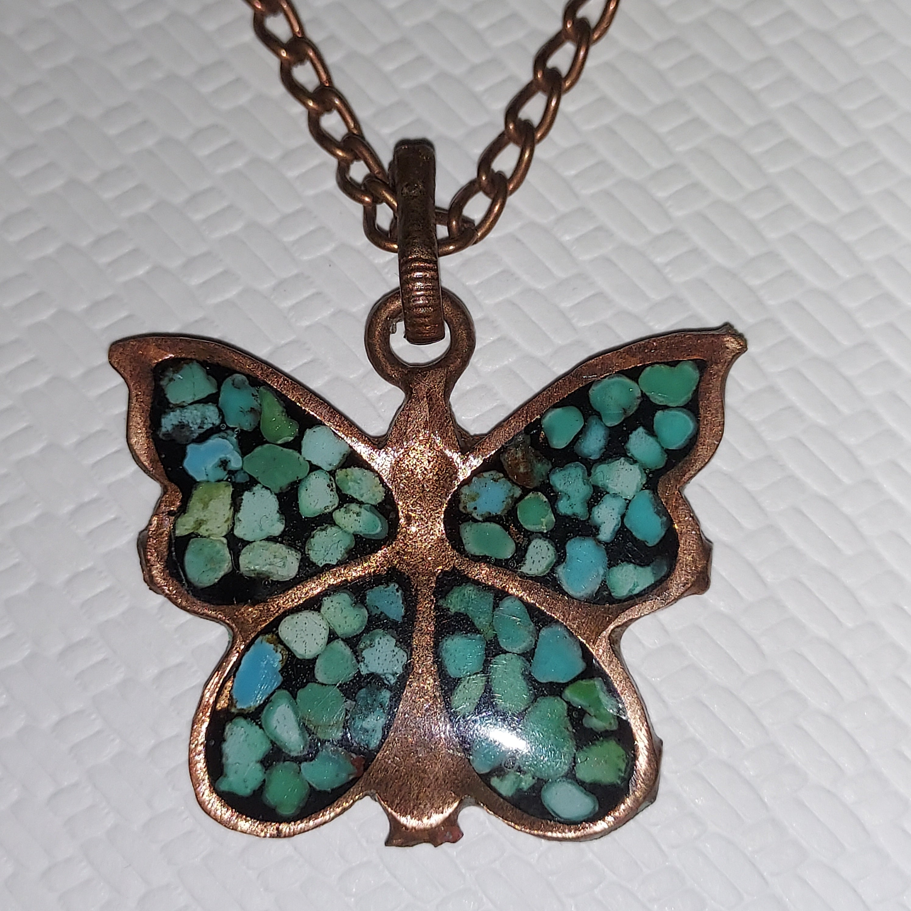 Turquoise Inlay Copper Butterfly Pendant | Handmade Persian Art Jewelry | Boho Statement Piece