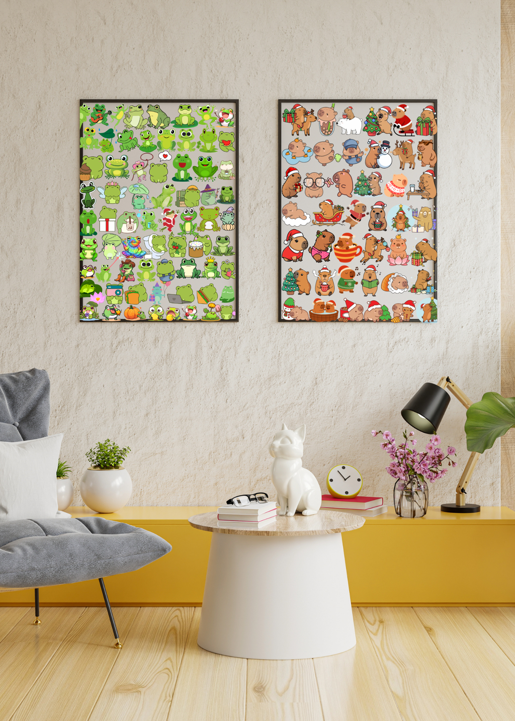 3 Cute Animal Cartoons Bundle - Capybara, Frog & Siberian Dog for Kids' Room & Print on Demand